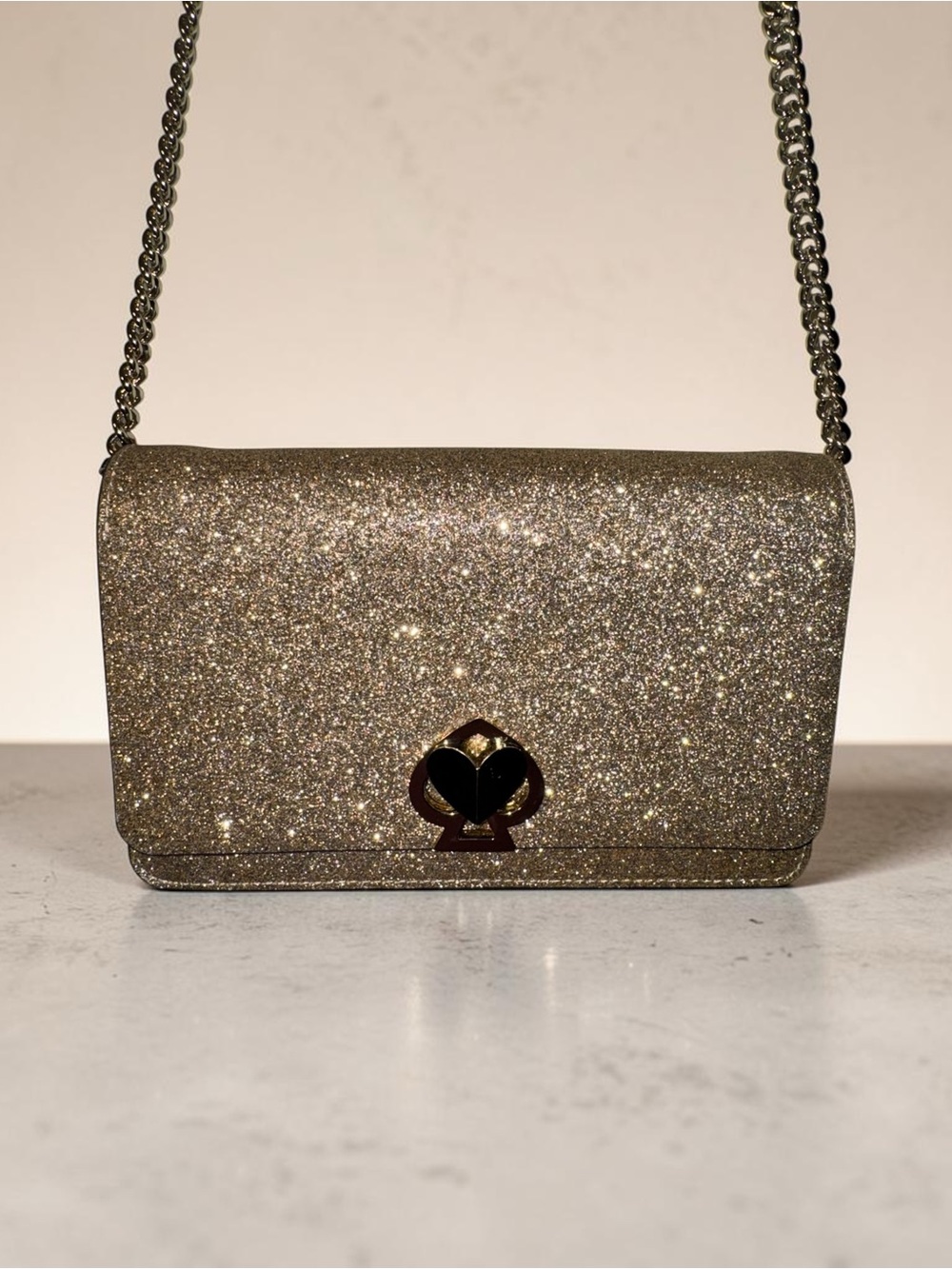 Kate Spade Nicola Glitter Twistlock Chain Wallet Crossbody Gold Glitter